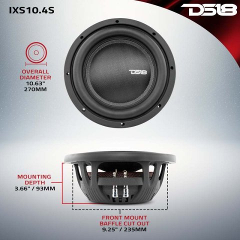 DS18 10in 600 Watts RMS 4 ohm SVC Shallow Mount Fiber Glass Subwoofer IXS Series