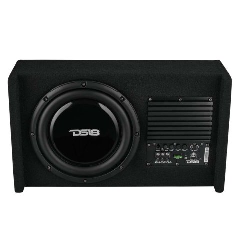 DS18 Single 10in Shallow Subwoofer & Enclosure 300 Watt RMS Downfiring Sealed Black Carpet Amplified