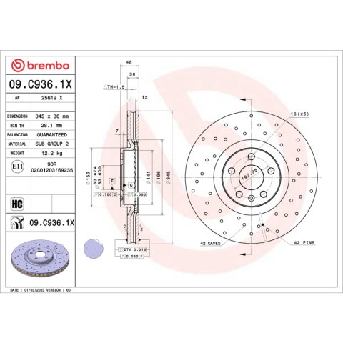 Brembo 16-24 Volvo XC90 / 18-24 XC60 Front Premium Xtra Cross Drilled UV Coated Rotor