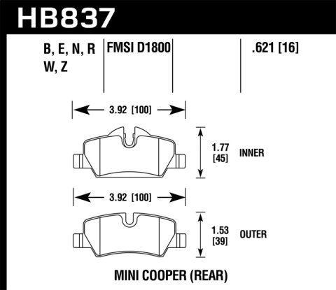 Hawk Performance DTC 30 Brake Pads HB837W.621 pads DTC-30 D1800-9032 Mini Cooper S, JCW (Rear)
