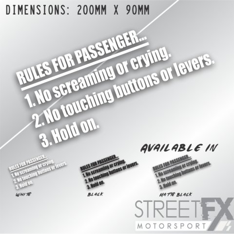 Rules for Passenger Sticker Black Car Rules Decal Funny Window 4x4 Truck Ute