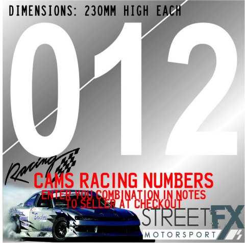 Custom CAMS THREE DIGIT Racing Numbers Door White Sticker Track Day Motorsport