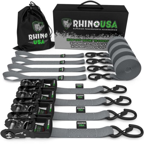 Rhino USA Heavy Duty Ratchet Tie-Down 4-Pack (Gray) 1.6In X 8Ft