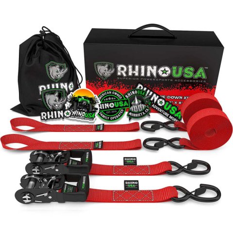 Rhino USA Heavy Duty Ratchet Tie-Downs 2-Pack (Red) 1.6In X 8Ft