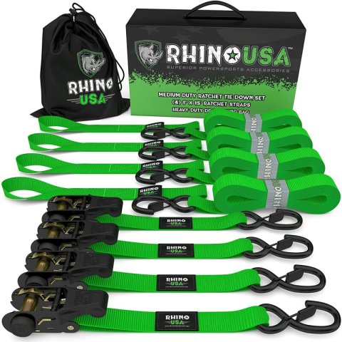 Rhino USA Medium Duty Ratchet Strap Tie-Down 4-Pack (Green)