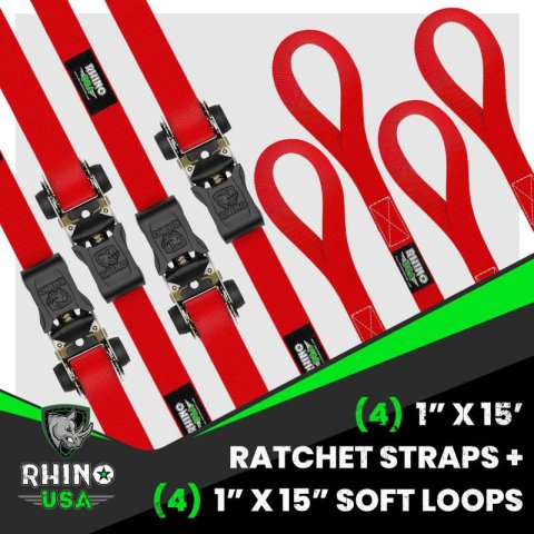 Rhino USA Medium Duty Ratchet Strap Tie-Down 4-Pack (Red)