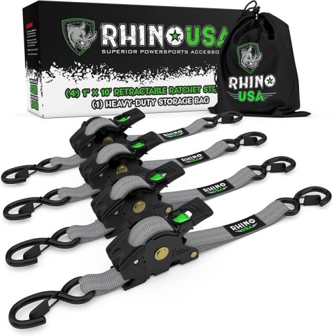 Rhino USA Retractable Ratchet Straps (4Pk 1Inx10Ft) (Gray)