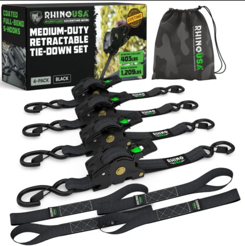 Rhino USA Retractable Ratchet Straps (2Pk 1Inx10Ft) Green