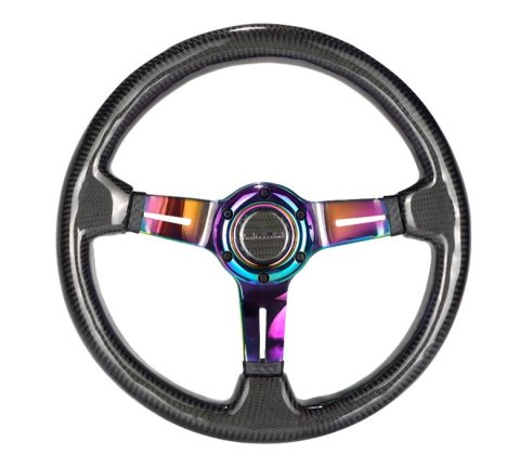 NRG Carbon Fiber Steering Wheel (350mm / 1.5in. Deep) Neochrome 3-Spoke Design w/Slit Cuts