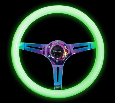 NRG Classic Wood Grain Steering Wheel (350mm) Glow-N-The-Dark Green Grip w/Neochrome 3-Spoke Center