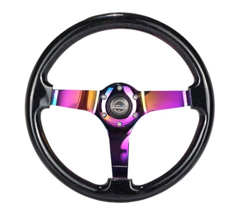 NRG Reinforced Steering Wheel (350mm / 3in. Deep) Classic Blk Sparkle w/4mm Neochrome 3-Spoke Center