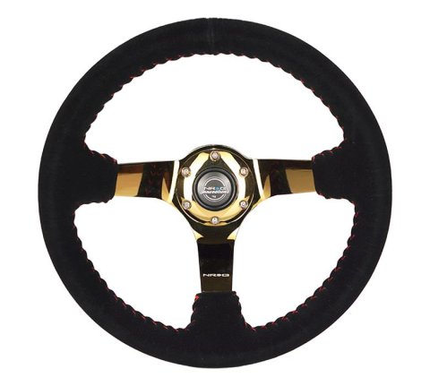 NRG Reinforced Steering Wheel (350mm / 3in. Deep) Blk Suede w/Red BBall Stitch & Chrome Gold 3-Spoke