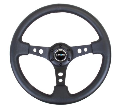 NRG Reinforced Steering Wheel (350mm / 3in. Deep) Red Leather/Blk Stitch w/Blk Spokes (Hole Cutouts)