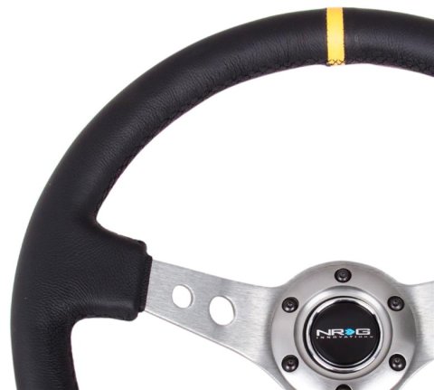 NRG Reinforced Steering Wheel (350mm / 3in. Deep) Blk Leather w/Gunmetal Cutout Spoke & Yellow CM