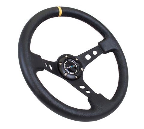 NRG Reinforced Steering Wheel (350mm / 3in. Deep) White Leather w/Silver Spoke & Single Yellow Mark