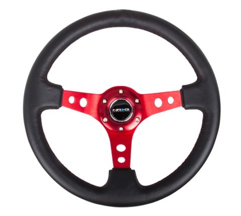 NRG Reinforced Steering Wheel (350mm / 3in. Deep) Blk Leather w/Red Circle Cutout Spokes