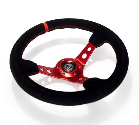NRG Reinforced Steering Wheel (350mm / 3in. Deep) Red Suede w/Blk Circle Cutout Spokes