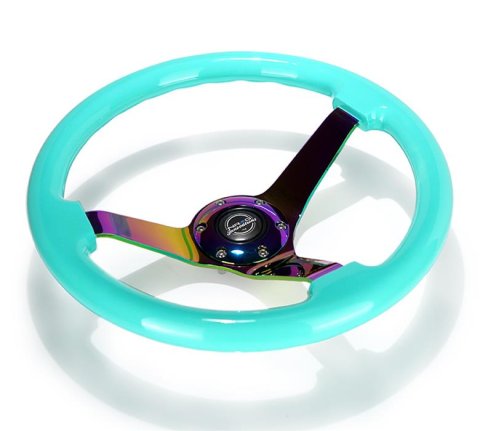 NRG Reinforced Steering Wheel (350mm / 3in. Deep) Minty Fresh Wood Grain w/Neochrome 3-Spoke Center