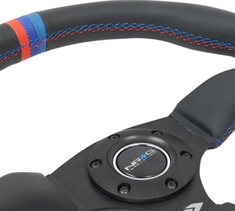 NRG Reinforced Steering Wheel (350mm / 2.5in Deep) Blk Leather w/M3 stitch Matte Blk 3-Spoke Center