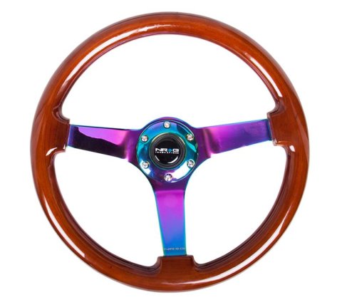 NRG Reinforced Steering Wheel (350mm / 3in Deep) Classic Blk Wood Grain w/Neochrome 3-Spoke Center
