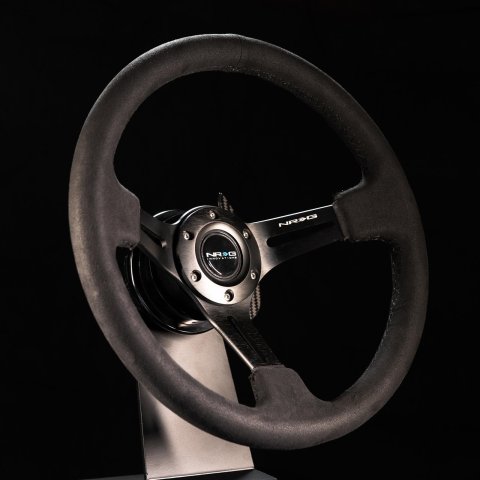 NRG Reinforced Steering Wheel (350mm / 3in. Deep) Black Leather w/ Alcantara Stitching