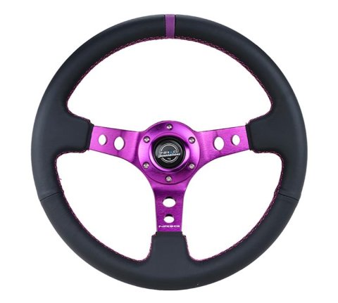 NRG Reinforced Steering Wheel (350mm / 3in. Deep) Black Suede w/Purple Center & Purple Stitching