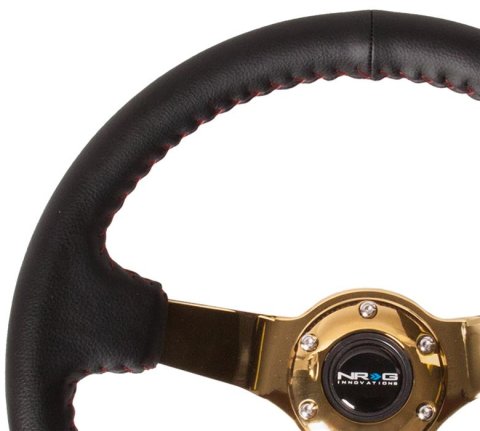 NRG Reinforced Steering Wheel (3in Deep / 4mm) 350mm Blk Leather w/Red BBall Stitch & Gold Spoke