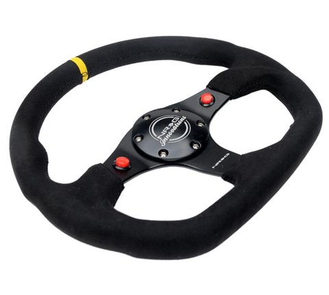 NRG Reinforced Steering Wheel (320mm) Sport Alcantara Dual Push Buttons Flat Bottom w/Yellow Center