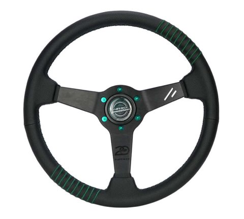 NRG Steering Wheel 1.5in Dish 350mm Black Perforated Leather - Emerald Stitching - Reinforced Spoke