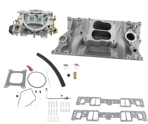 Edelbrock Manifold and Carb Kit Performer SBC Vortec Natural Finish