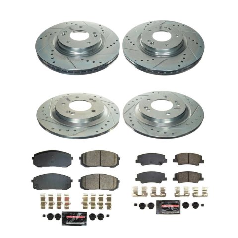 PowerStop Z23 Evolution Sport Brake Upgrade Kits for 2021-2024 K5, 2020-2024 SONATA - K8809 Rotors and Pads, Upgrade, Cross-drilled/Slotted Rotors, Carbon Fiber Ceramic Pads, Front and Rear, Hyundai, Kia, Kit