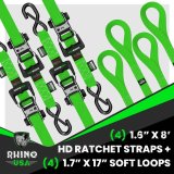 Rhino USA Heavy Duty Ratchet Tie-Down 4-Pack (Green) 1.6In X 8Ft thumbnail 2