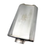 Stainless Bros 17in OAL 3in Thin Oval SS304 Polished Finish Muffler 3in Center In/2.5in Dual Out thumbnail 1