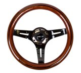 NRG Classic Wood Grain Steering Wheel (310mm) Dark Wood & Black Line Inlay w/Blk Chrome 3-Spoke Ctr. thumbnail 1