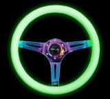 NRG Classic Wood Grain Steering Wheel (350mm) Glow-N-The-Dark Green Grip w/Neochrome 3-Spoke Center thumbnail 1