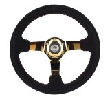 NRG Reinforced Steering Wheel (350mm / 3in. Deep) Blk Suede w/Red BBall Stitch & Chrome Gold 3-Spoke thumbnail 1