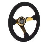 NRG Reinforced Steering Wheel (350mm / 3in. Deep) Blk Suede w/Red BBall Stitch & Chrome Gold 3-Spoke thumbnail 3