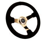 NRG Reinforced Steering Wheel (350mm / 3in. Deep) Blk Suede w/Red BBall Stitch & Chrome Gold 3-Spoke thumbnail 7