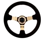NRG Reinforced Steering Wheel (350mm / 3in. Deep) Blk Suede w/Red BBall Stitch & Chrome Gold 3-Spoke thumbnail 9