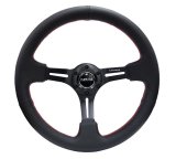 NRG Reinforced Steering Wheel (350mm / 3in. Deep) Black Leather/Red Stitch & Blk 3-Spoke w/Slits thumbnail 1