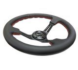 NRG Reinforced Steering Wheel (350mm / 3in. Deep) Black Leather/Red Stitch & Blk 3-Spoke w/Slits thumbnail 2