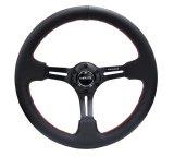 NRG Reinforced Steering Wheel (350mm / 3in. Deep) Black Leather/Red Stitch & Blk 3-Spoke w/Slits thumbnail 4