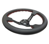 NRG Reinforced Steering Wheel (350mm / 3in. Deep) Black Leather/Red Stitch & Blk 3-Spoke w/Slits thumbnail 5