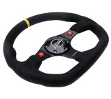 NRG Reinforced Steering Wheel (320mm) Sport Alcantara Dual Push Buttons Flat Bottom w/Yellow Center thumbnail 1