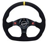 NRG Reinforced Steering Wheel (320mm) Sport Alcantara Dual Push Buttons Flat Bottom w/Yellow Center thumbnail 2