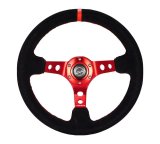 NRG Reinforced Steering Wheel (350mm / 3in. Deep) Blk Leather/Red Stitch w/Red Spoke thumbnail 2