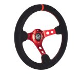 NRG Reinforced Steering Wheel (350mm / 3in. Deep) Blk Leather/Red Stitch w/Red Spoke thumbnail 4