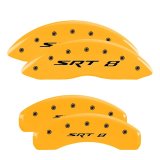 MGP 4 Caliper Covers Engraved Front & Rear 11-18 Jeep Grand Cherokee Yellow Finish Black SRT-8 Logo thumbnail 1