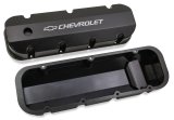 Holley Track Series Valve Covers 241-281 Covers, Series, Perimeter Bolt, Tall, Chevrolet Logo, Fabricated Aluminum, Black Gloss, Baffled, Chevy, 396ci, 402ci, 427ci, 454ci, Pair thumbnail 1