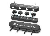 Holley Aluminum LS Valve Covers 241-177 Covers, LS, Center and Perimeter Bolt, Tall, Chevy Logo, Cast Aluminum, Black Satin, Two-Piece, Chevy, LS, 4.8-7.0L, Pair thumbnail 1